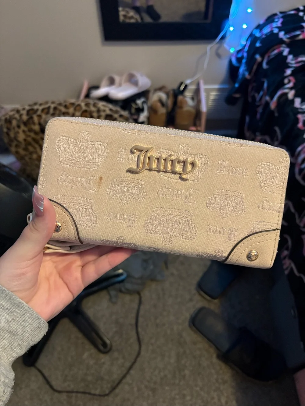 Juicy Couture Cream Embossed Logo Zip Wallet